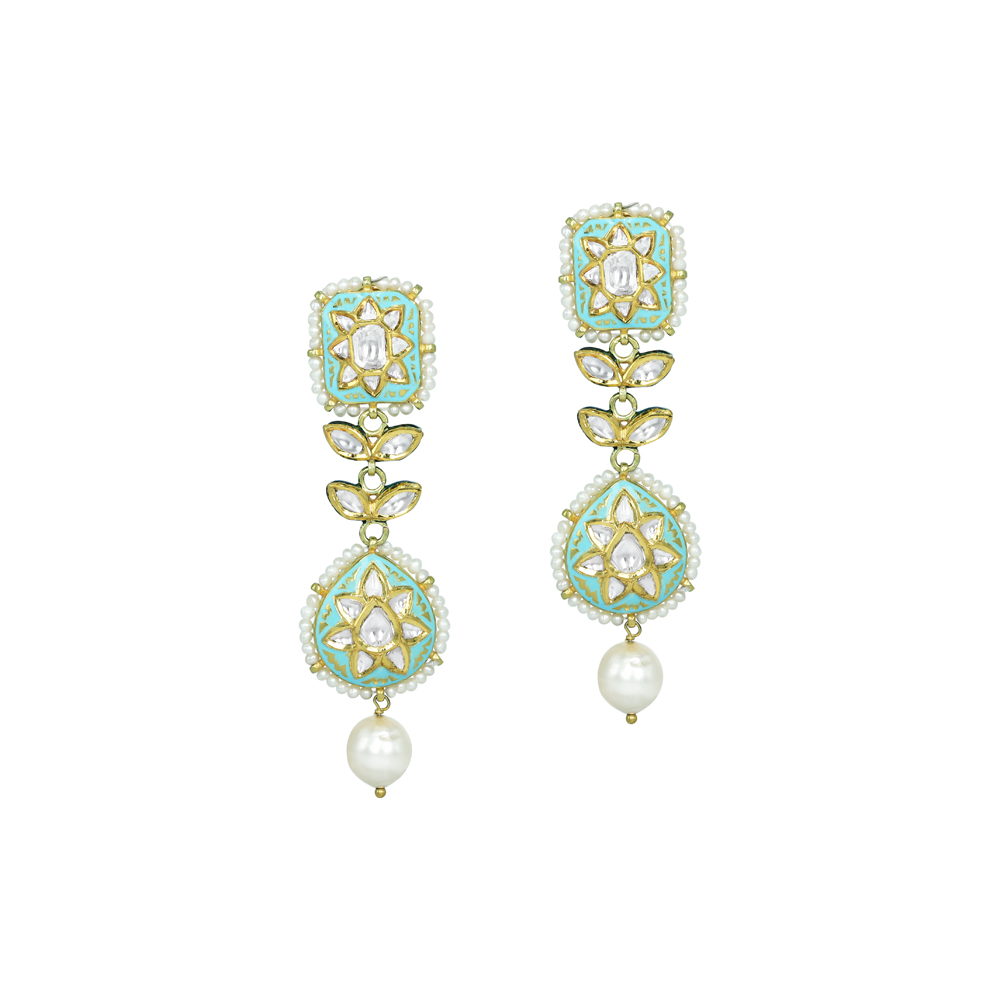 Square and Teardrop Polki Earrings with Turquoise Enamel and Pearl Drop